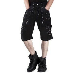 Men Handmade Gothic Bondage Trouser Blue Thread Cyber Punk Shorts Metal Studs
